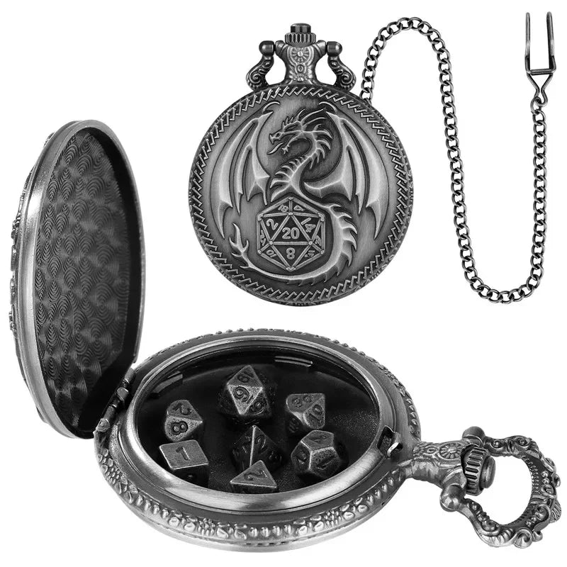 "Dragon Pocket Watch Case + Dice Bundle – Fantasy-Themed Storage for Collectibles and RPG Dice"