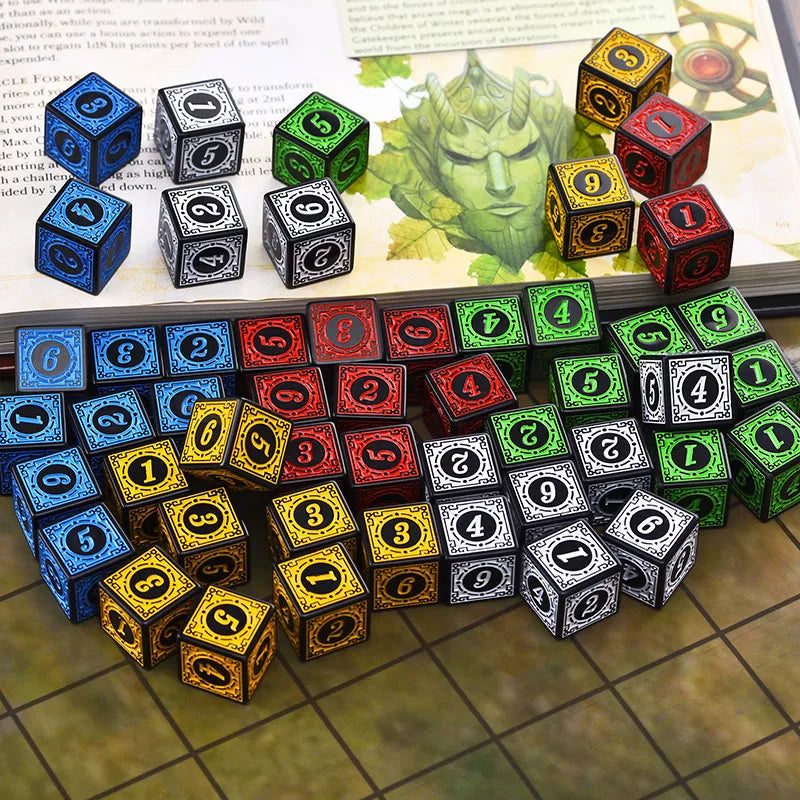 "50PCS Acrylic Dice Set D6 with Carved Pattern – Premium RPG & Board Game Dice"