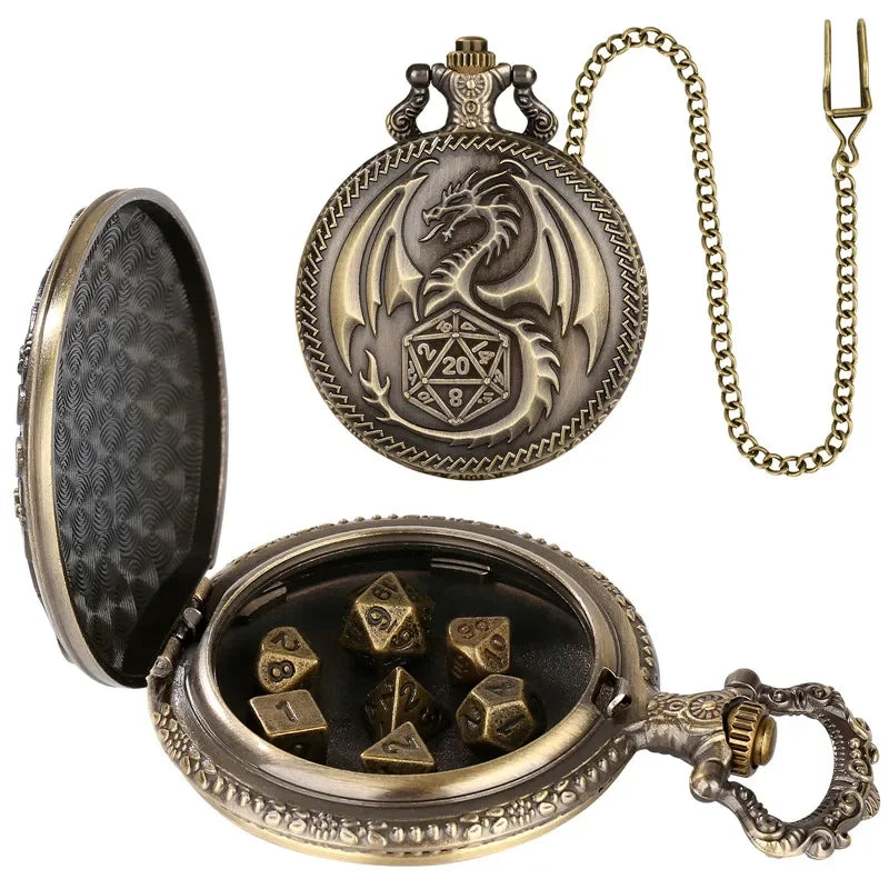 "Dragon Pocket Watch Case + Dice Bundle – Fantasy-Themed Storage for Collectibles and RPG Dice"