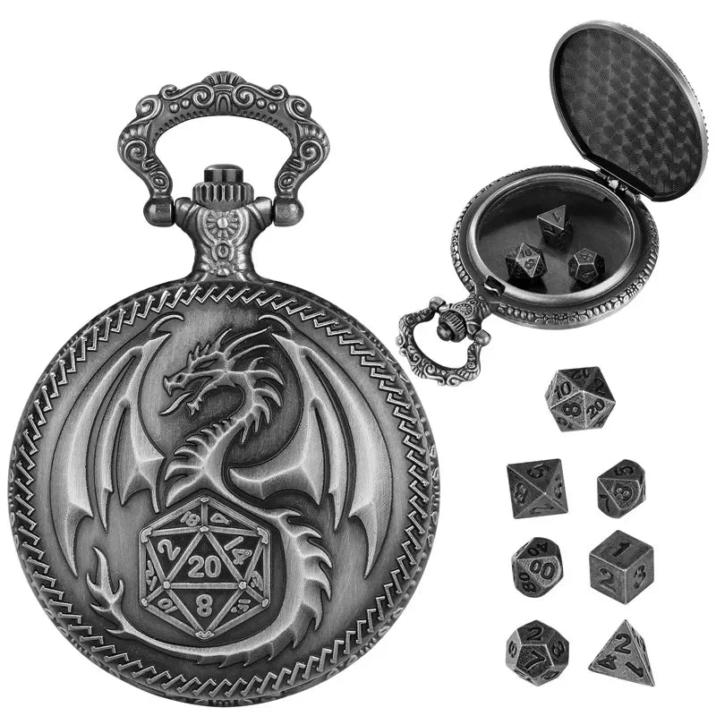 "Dragon Pocket Watch Case + Dice Bundle – Fantasy-Themed Storage for Collectibles and RPG Dice"