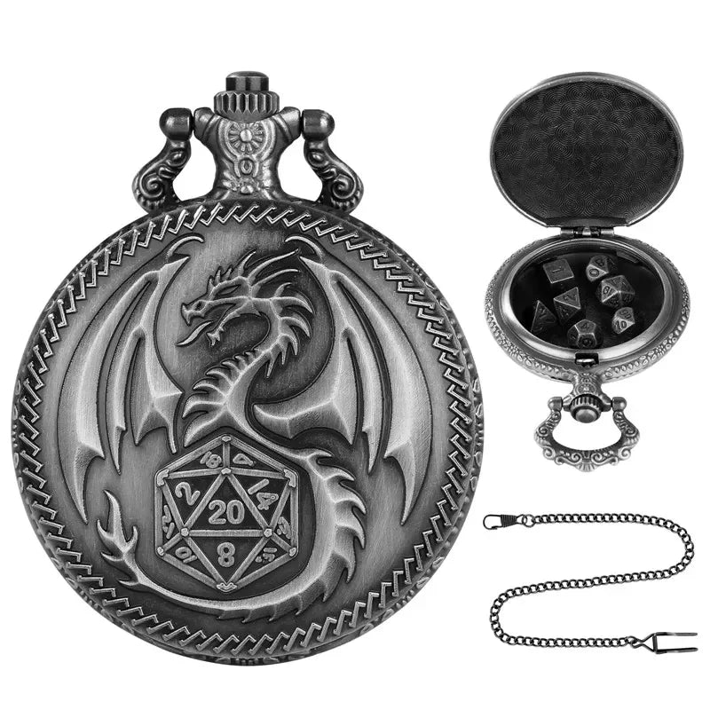 "Dragon Pocket Watch Case + Dice Bundle – Fantasy-Themed Storage for Collectibles and RPG Dice"
