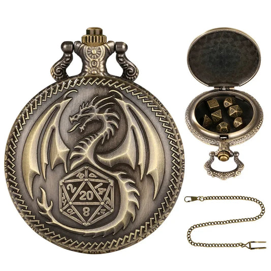 "Dragon Pocket Watch Case + Dice Bundle – Fantasy-Themed Storage for Collectibles and RPG Dice"