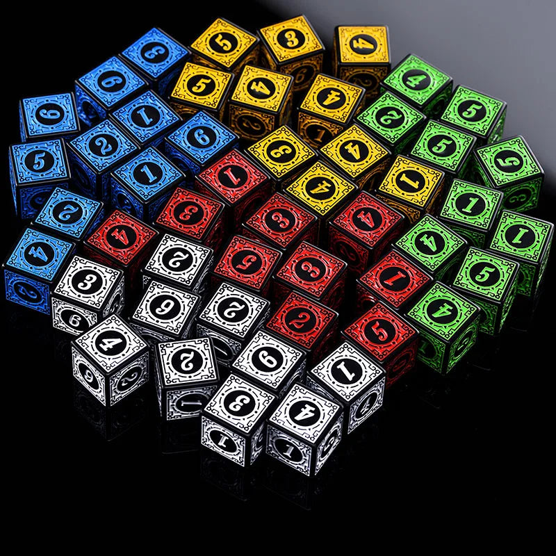 "50PCS Acrylic Dice Set D6 with Carved Pattern – Premium RPG & Board Game Dice"