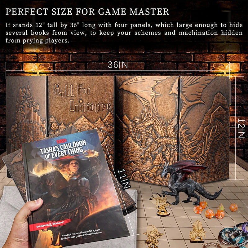 "Dungeon Master Screen with Embossed Dragon & Mimic – Four-Panel Screen w/ Pockets for RPG - FREE SHIPPING"