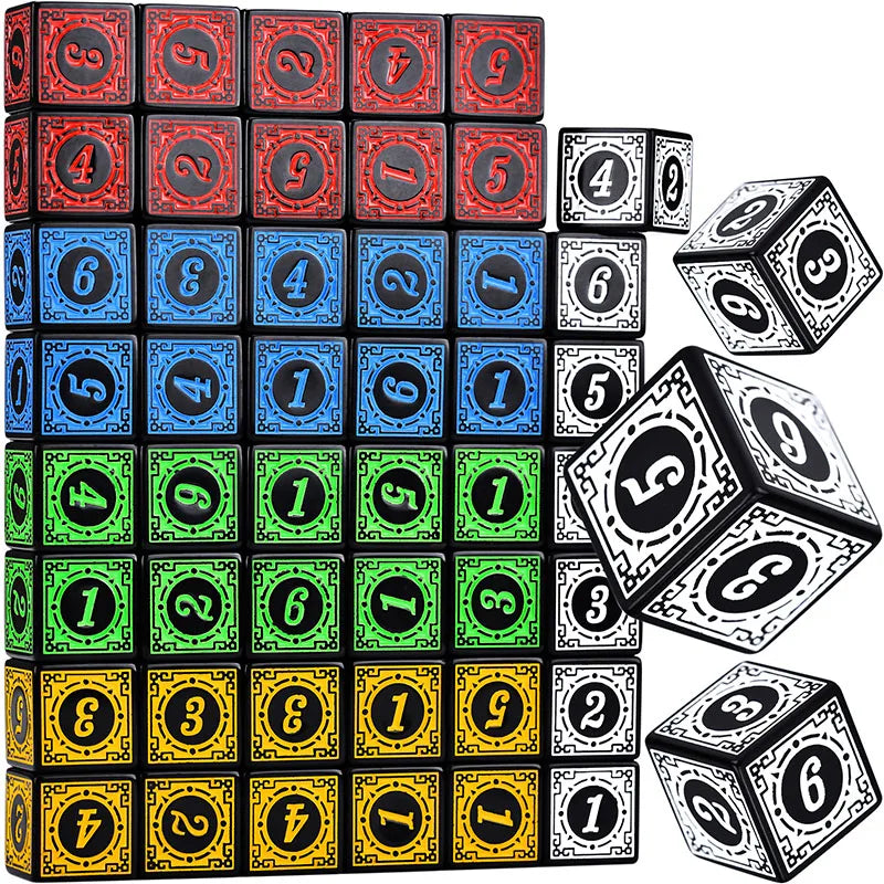 "50PCS Acrylic Dice Set D6 with Carved Pattern – Premium RPG & Board Game Dice"