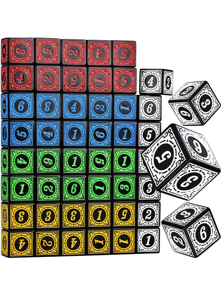 "50PCS Acrylic Dice Set D6 with Carved Pattern – Premium RPG & Board Game Dice"