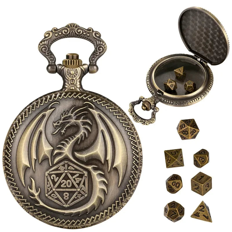 "Dragon Pocket Watch Case + Dice Bundle – Fantasy-Themed Storage for Collectibles and RPG Dice"