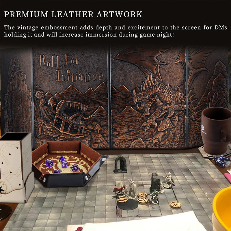 "Dungeon Master Screen with Embossed Dragon & Mimic – Four-Panel Screen w/ Pockets for RPG - FREE SHIPPING"
