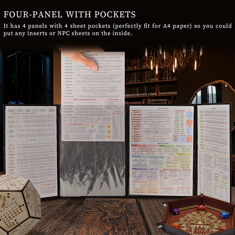 "Dungeon Master Screen with Embossed Dragon & Mimic – Four-Panel Screen w/ Pockets for RPG - FREE SHIPPING"